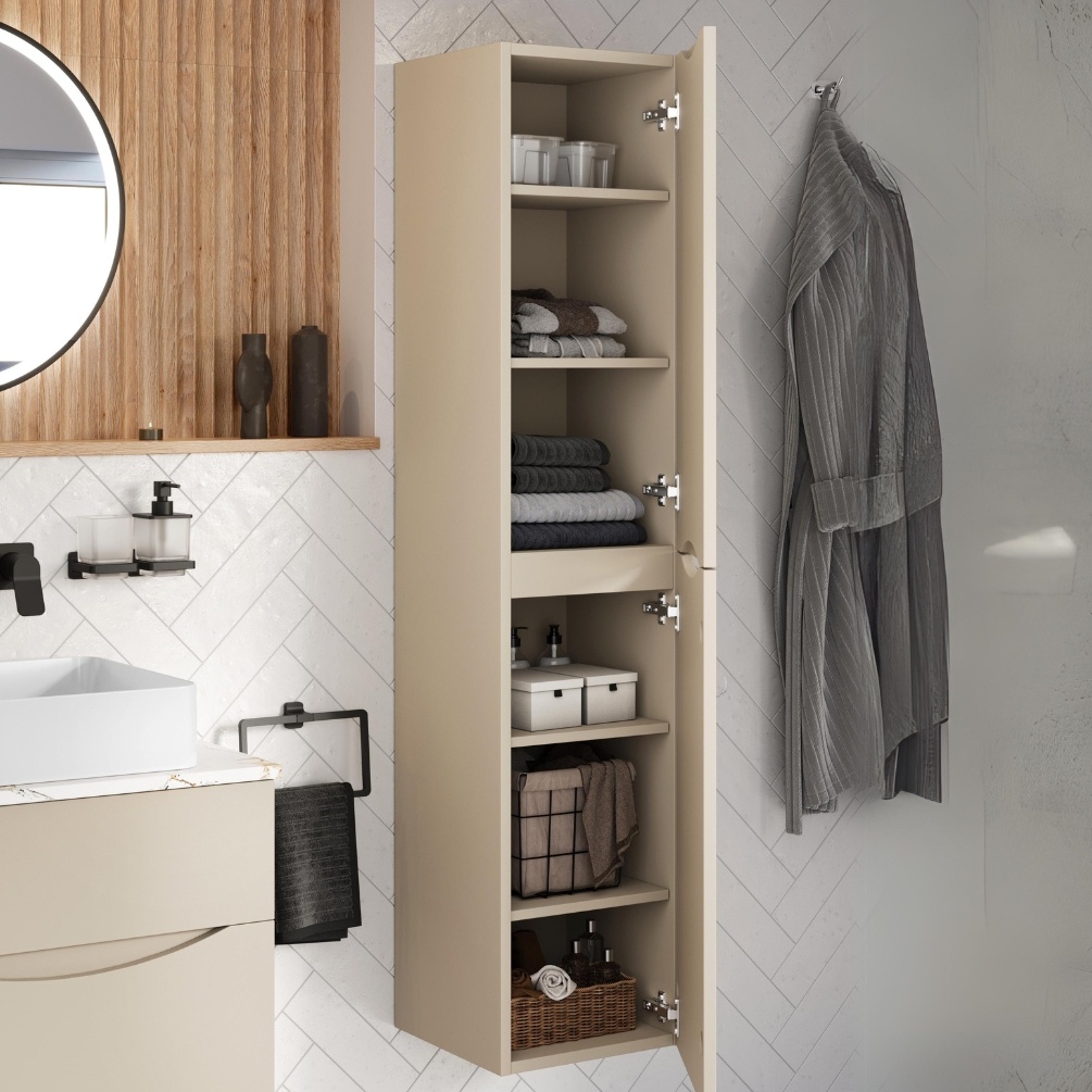 Close up product lifestyle image of the Crosswater Glide II Warm Stone Tower Unit with its doors open